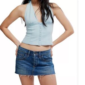 American Eagle Outfitters Blue Denim Frayed-Hem Mini Skirt
